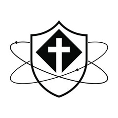 Shield with christian cross icon. Linear shield icon. Christian church logo design. Vector illustration. Religion protection symbol on white background.