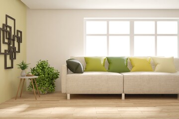 Modern living room in white color with sofa. Scandinavian interior design. 3D illustration