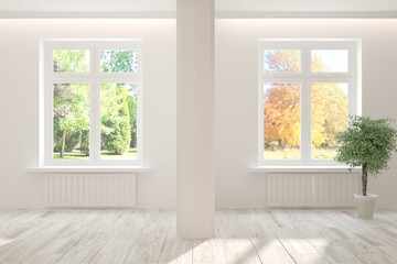 Fototapeta na wymiar White empty room with summer and autumn landscape in window. Scandinavian interior design. 3D illustration