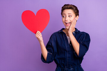 Photo of funny young lady hold look heart wear jeans overall isolated on violet color background