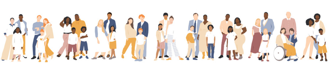Multicultural group of mothers and fathers with kids. Flat vector illustration.	