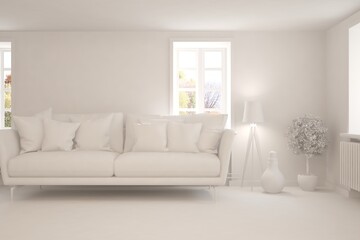 White minimalist living room with sofa. Scandinavian interior design. 3D illustration