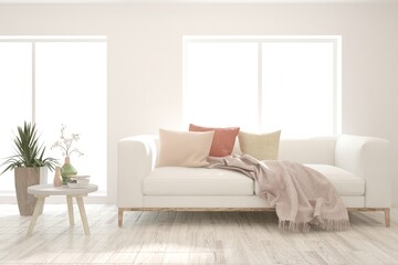 White living room with sofa. Scandinavian interior design. 3D illustration
