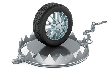 Bear trap with car wheel, 3D rendering