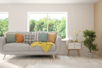 White living room with sofa and summer landscape in window. Scandinavian interior design. 3D illustration