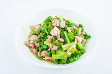 Fried Pork with Chili on a Dish on White Background
