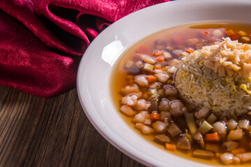 japanese wok egg fried rice with seafood fish roe in thick sauce gravy on wood background asian halal banquet menu