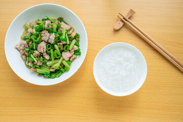 Summer appetizer recipe white porridge with chili fried pork