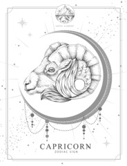 Modern magic witchcraft card with astrology Capricorn zodiac sign. Realistic hand drawing ram or mouflon head - obrazy, fototapety, plakaty