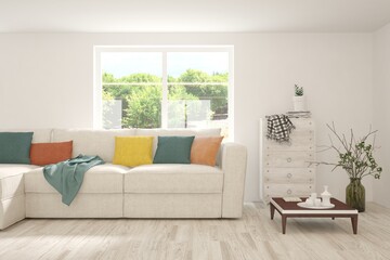 White living room with sofa and summer landscape in window. Scandinavian interior design. 3D illustration