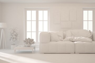 Mock up of stylish room in white color with sofa. Scandinavian interior design. 3D illustration