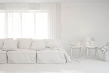 Mock up of minimalist living room in white color with sofa. Scandinavian interior design. 3D illustration