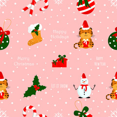 Seamless vector winter pattern with cute tiger in hat, snowman, present, christmas balls on blue background with snowflakes and candies. Ideal for childish textile, wallpaper,wrapping paper.Eps 10. 