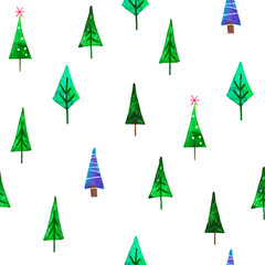 Hand-drawn background of a Christmas tree. Seamless paintings from doodle watercolors for the New Year. Winter Christmas seamless pattern, Vector children's background, children's wallpaper for fabric