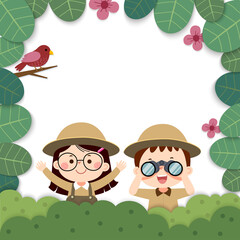 Template for advertising brochure with cartoon of girl and boy holding binoculars with a bird in nature. Kids observing nature in paper cut style. - 454284952