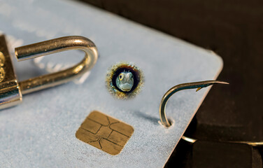 Concept of Phishing, hacking personal data and money , key and hook on computer keyboard. Be...