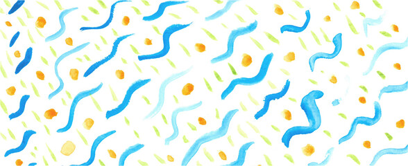 Watercolour hand drawn background yellow blue green orange wawes dots strokes