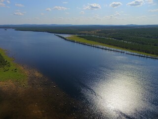 Aerial view over Skellefte River in Swedish Lapland
