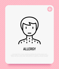 Man with rash thin line icon. Allergy symptom, dermatitis, itching. Modern vector illustration.