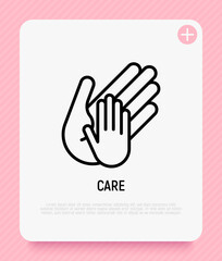 Hand of adult holds child's hand thin line icon. Modern vector illustration, care sign.