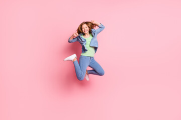 Full length body size photo jumping up happy nice girl isolated pastel pink color background