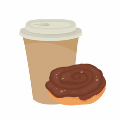 A paper coffee cup with a plastic lid. Coffee to go. Vector illustration on a white background. Buns with chocolate icing and cinnamon. 