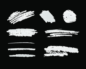 Vector White Chalk Strokes Set, Brush Strokes Set, Gray Color, Isolated on White Background Design Elements.