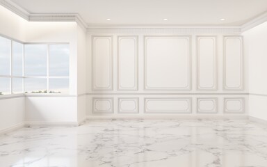 Empty wall in classic style, white tone, ceramic tiled floor.3d rendering