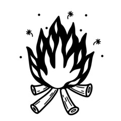 A hand-drawn burning bonfire. Logs on fire. Monochrome illustration of firewood burning in the fire. A sketch of sparks flying from the hearth. Doodle of the balefire.