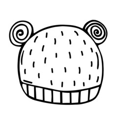 Cute baby cap vector icon. Hand-drawn doodle of a headdress for a child. Knitted cap with decorative animal ears. The outline of the fluffy beanie. Clothes sketch. 