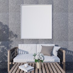 Mockup picture frame on the wall outside the house and tree shadow on wall.3d rendering