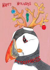 Painted Christmas Puffin  wishing Happy Holidays, illustration in watercolor paints and ink