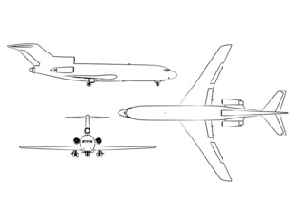 3d Aircraft model graphical from three directions with black white sketch. linear sketch.