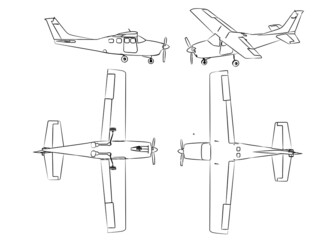 3d light aircraft model graphical from four directions with black white sketch. linear sketch.