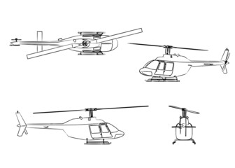 3d helicopter model graphical from four directions with black white sketch. linear sketch. © Motionic Studio