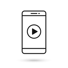 Mobile phone flat design icon with play button sign.