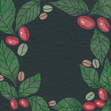 Coffee beans, berry and leaves frame drawing on black paper illustration for decoration on coffee cafe and industrail coffee's.