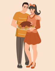 Young family man and woman holding a cooked turkey for Thanksgiving day. Flat isolated illustration of people for a festive dinner.