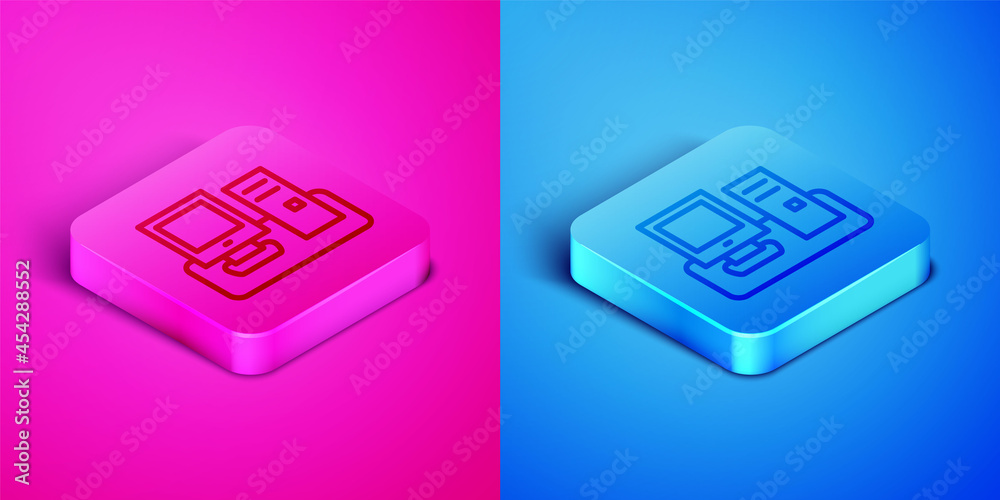 Poster isometric line computer monitor with keyboard and mouse icon isolated on pink and blue background. p