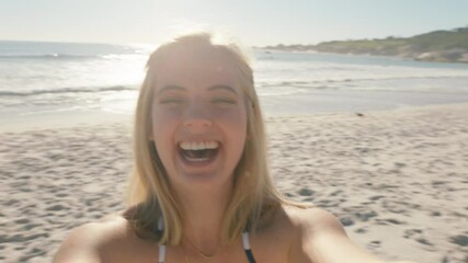 beautiful woman having video chat on beach girl sharing summer vacation using smartphone camera showing travel adventure having fun holiday experience