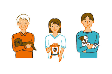 笑顔で犬を抱えるいろんな飼い主