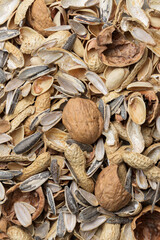 Pile of mixed nuts shells as background. Texture