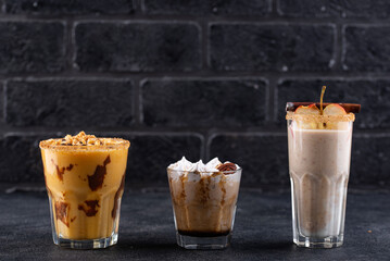Set of autumn smoothie with pumpkin, apple and pecan