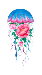 Hand drawn jellyfish with flowers and leaves, watercolor illustration isolated on white background