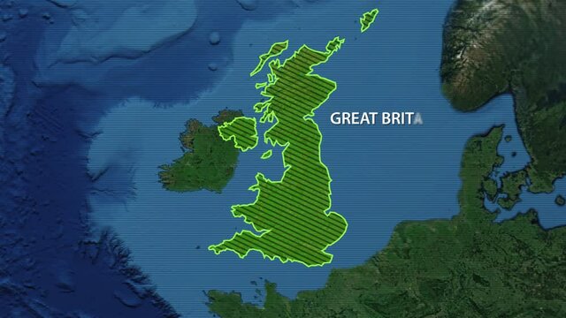 The country of Great Britain on the map. Approaching from space. Marking of borders. United Kingdom
