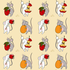 Seamless pattern with funny mice, fruits and berries. Animalistic vector background. Multicolor. Can be used for wallpapers, pattern fills, textile, surface textures