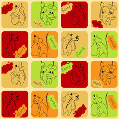Pattern with different mice, fruits and text. Animalistic vector background. Yellow, green, orange and red tones. Can be used for wallpapers, pattern fills, textile, surface textures