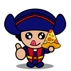 vector cartoon character cute columbus mascot costume holding pizza. suitable for use on the day of colombus