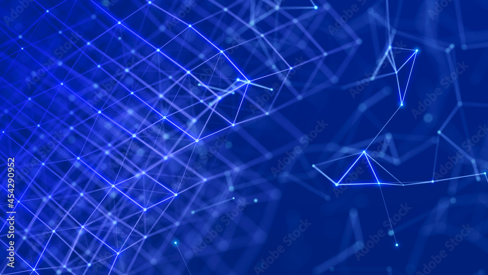 Poster 3d cube of lines and dots. wireframe polygonal element on dark background. science and technology. 3