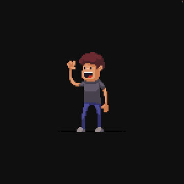 Pixel art character waving with his hand greeting